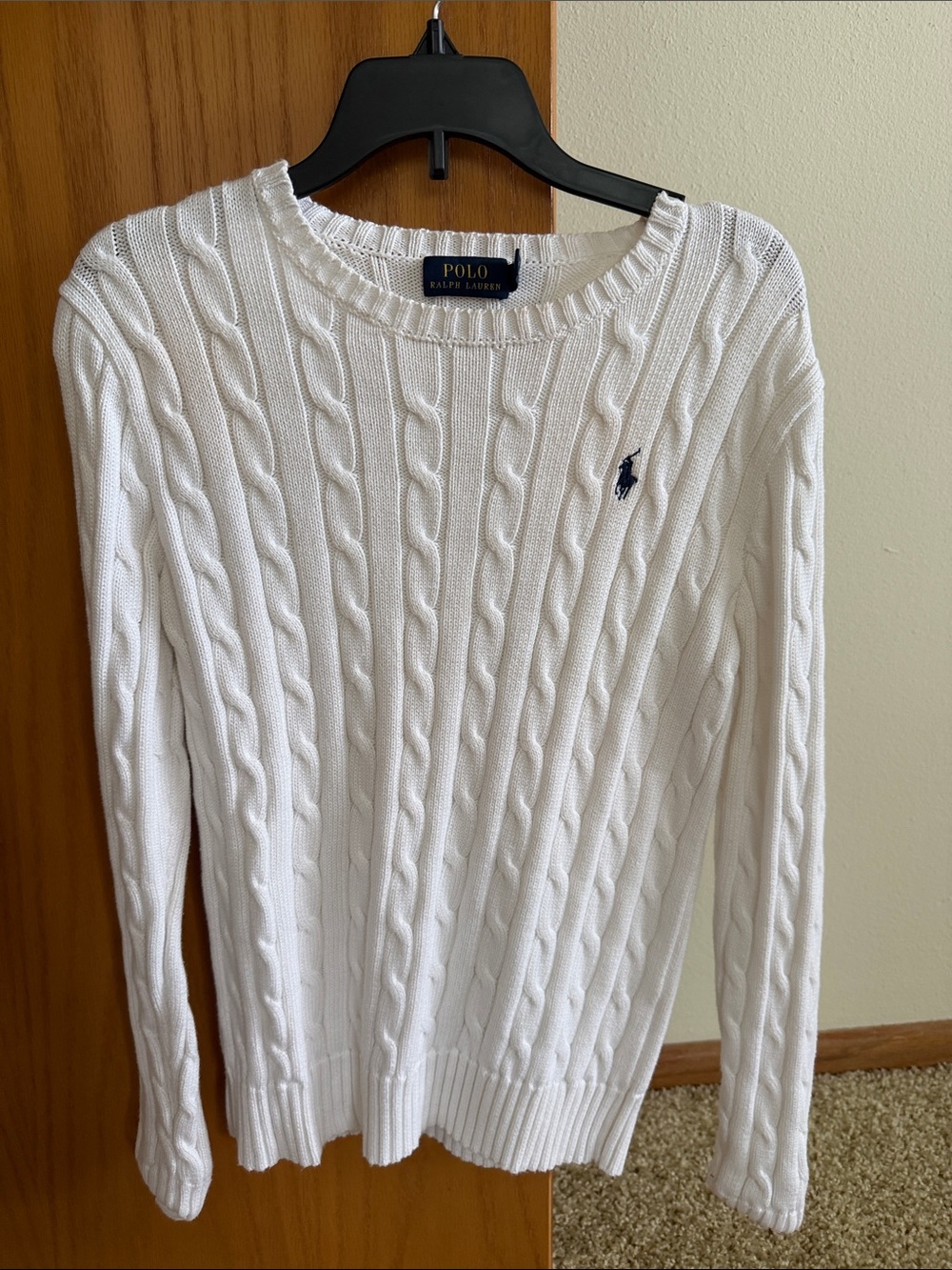 Polo by Ralph Lauren White Cable-Knit Crewneck Sweater with Navy Pony